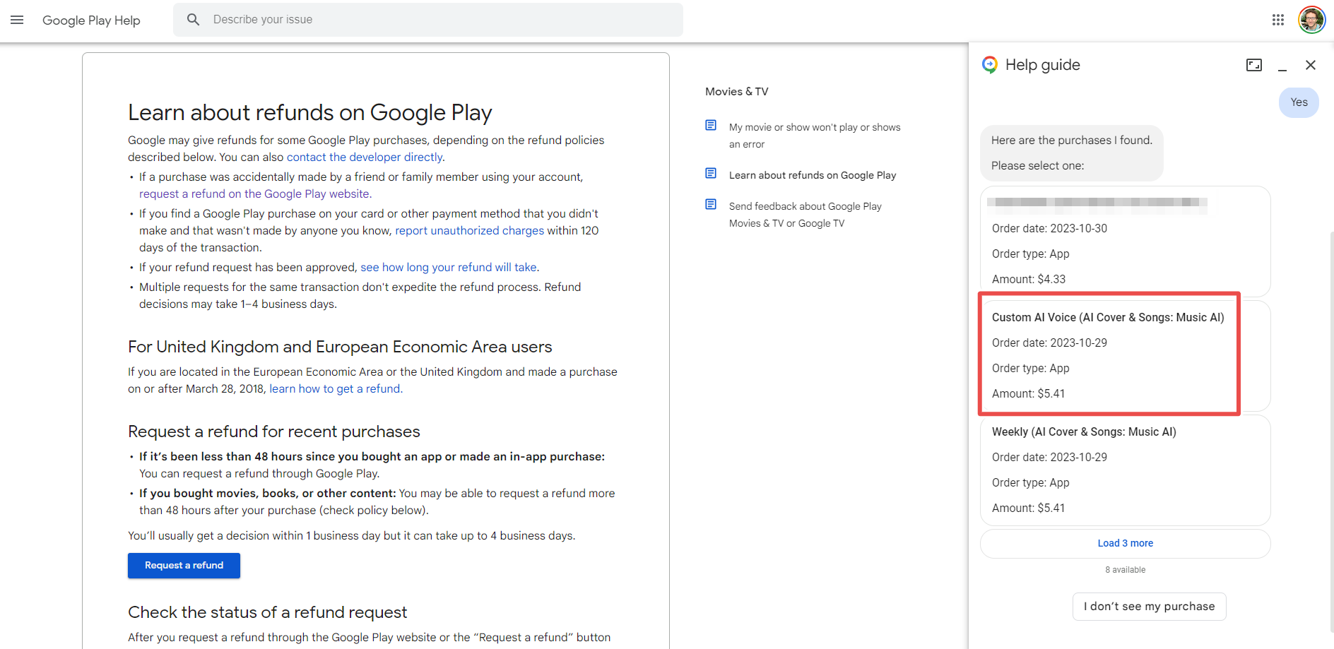 Google Play refund conversation with a recent purchase highlighted
