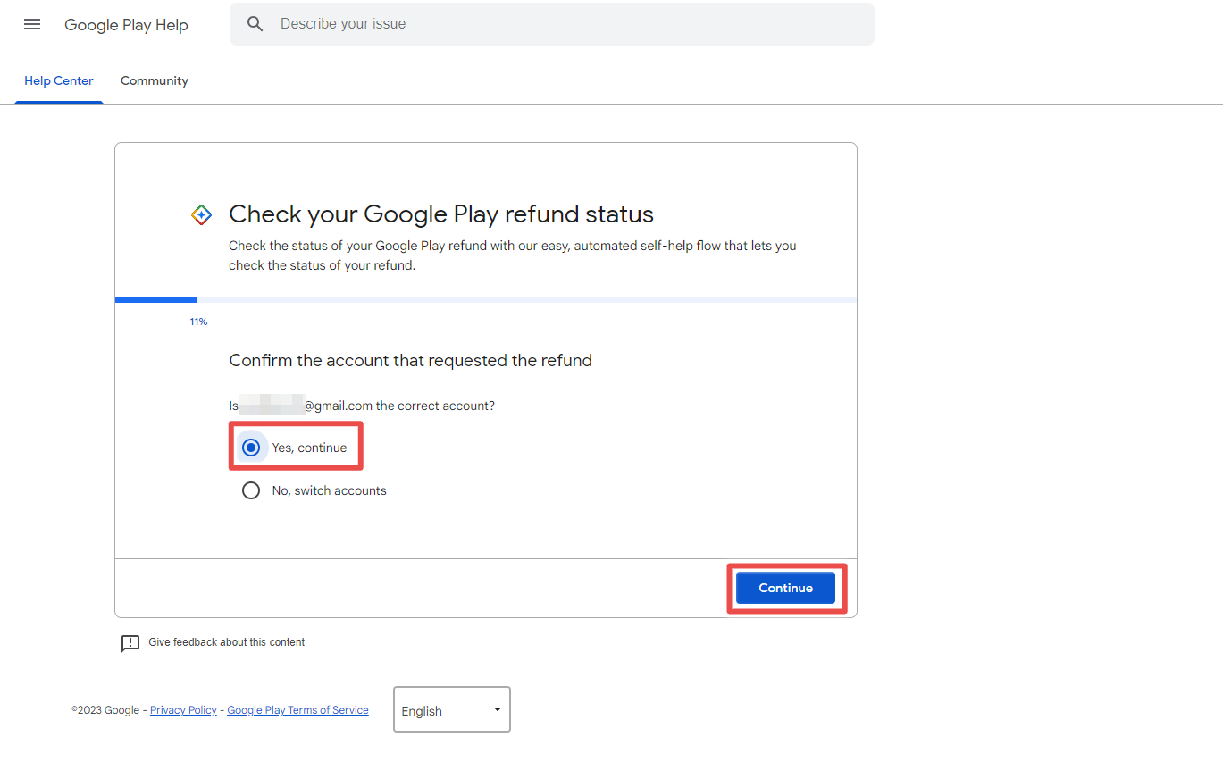 Google Play refund status form confirming email address