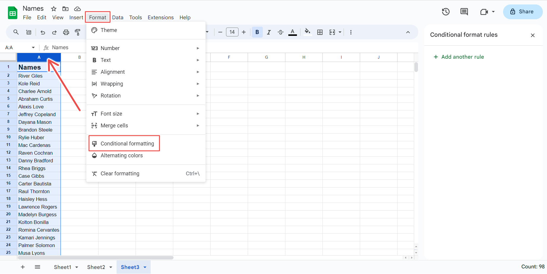 Column A and the Conditional formatting menu highlighted in Google Sheets