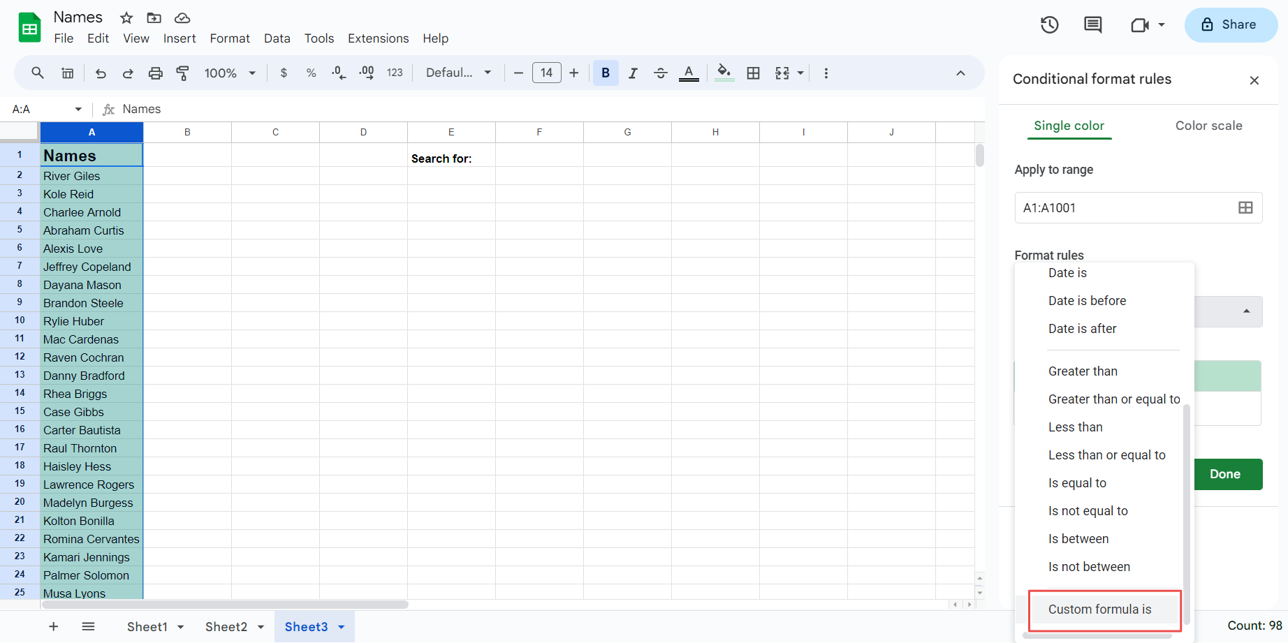 Google Sheets custom formula selected for conditional formatting