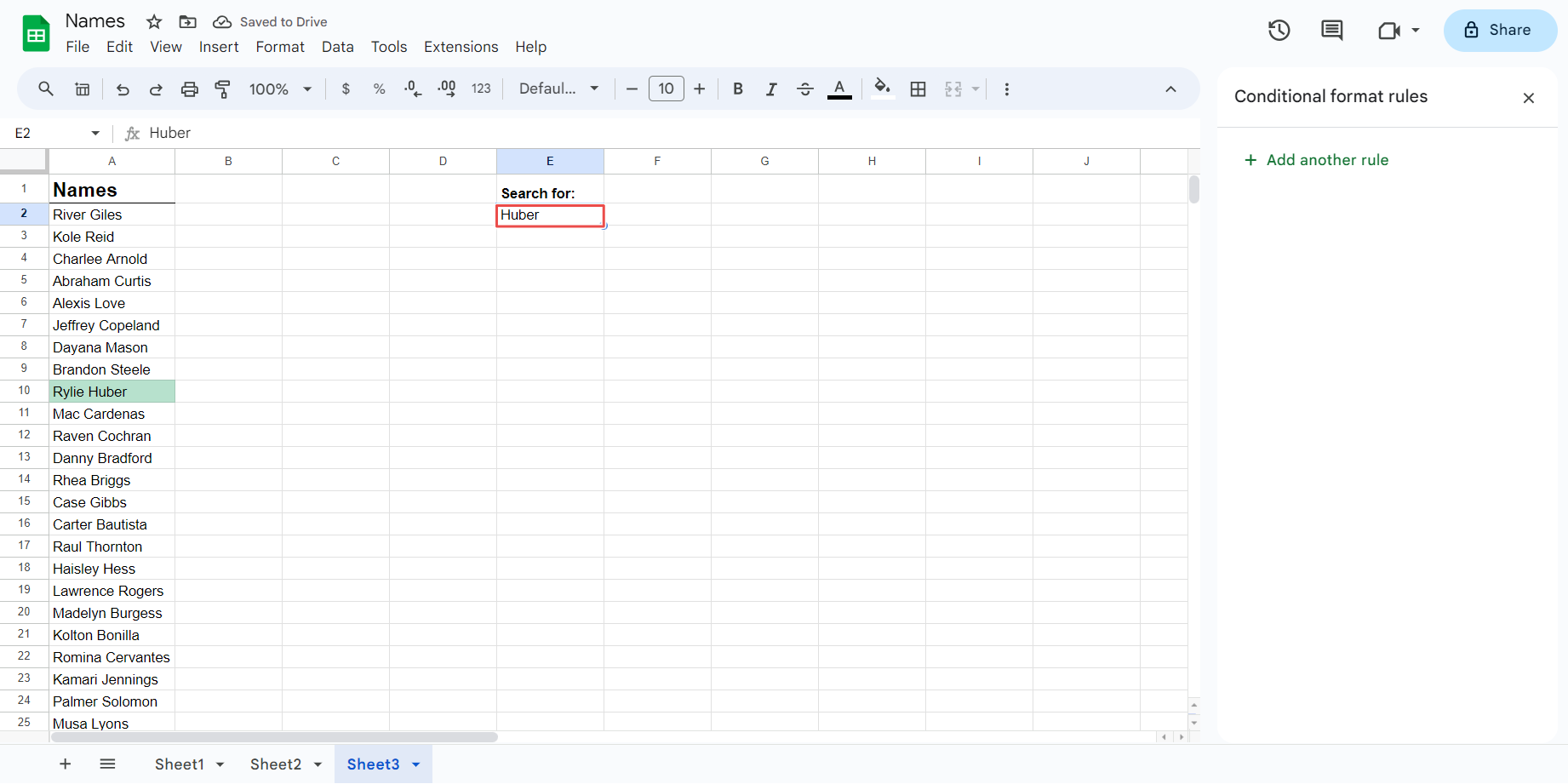 A Google Sheets search box that uses conditional formatting