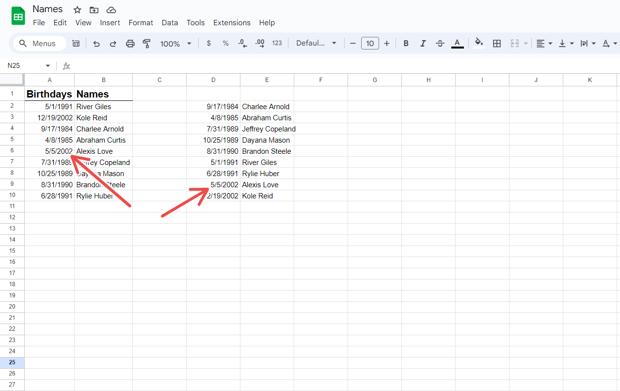 Changes made to a Google Sheets document to show updated entries