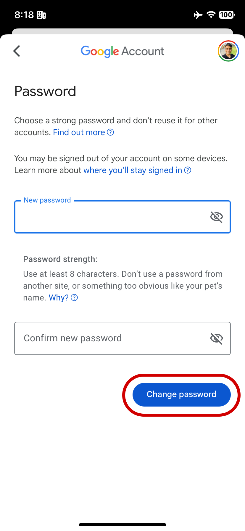Changing Google account password on iOS