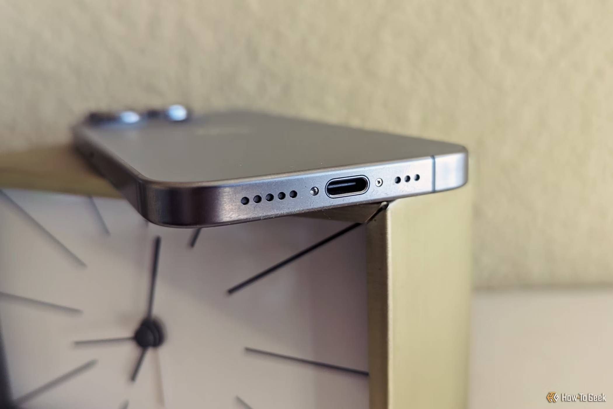 A bottom shot of the iPhone 15 Pro and its new, EU-required USB-C port