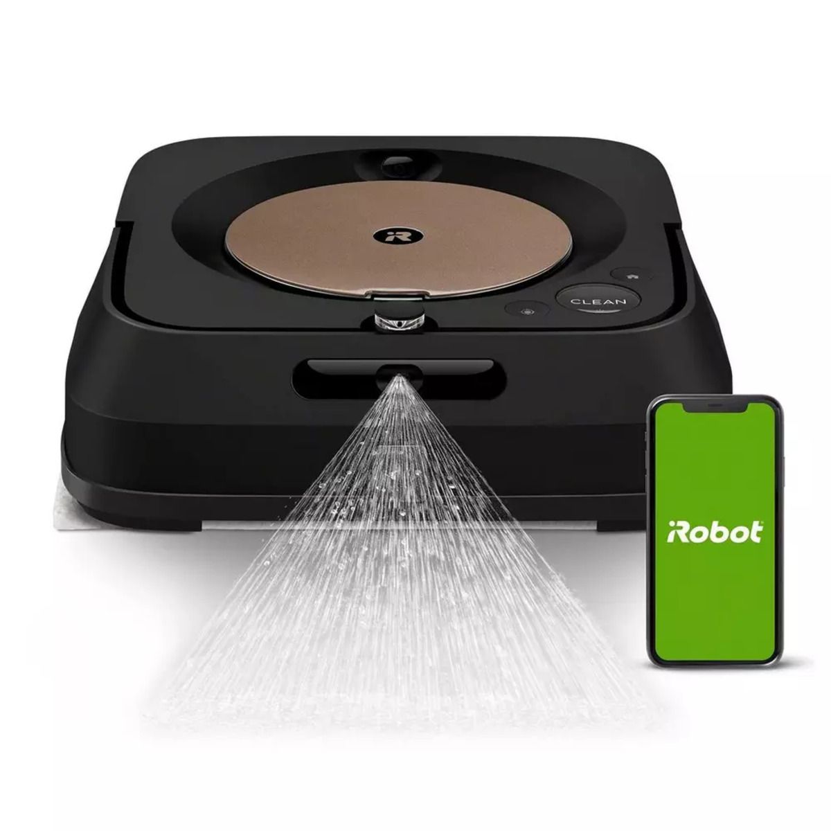 The iRobot Braava Jet m6 Robot Mop and a smartphone against a white background