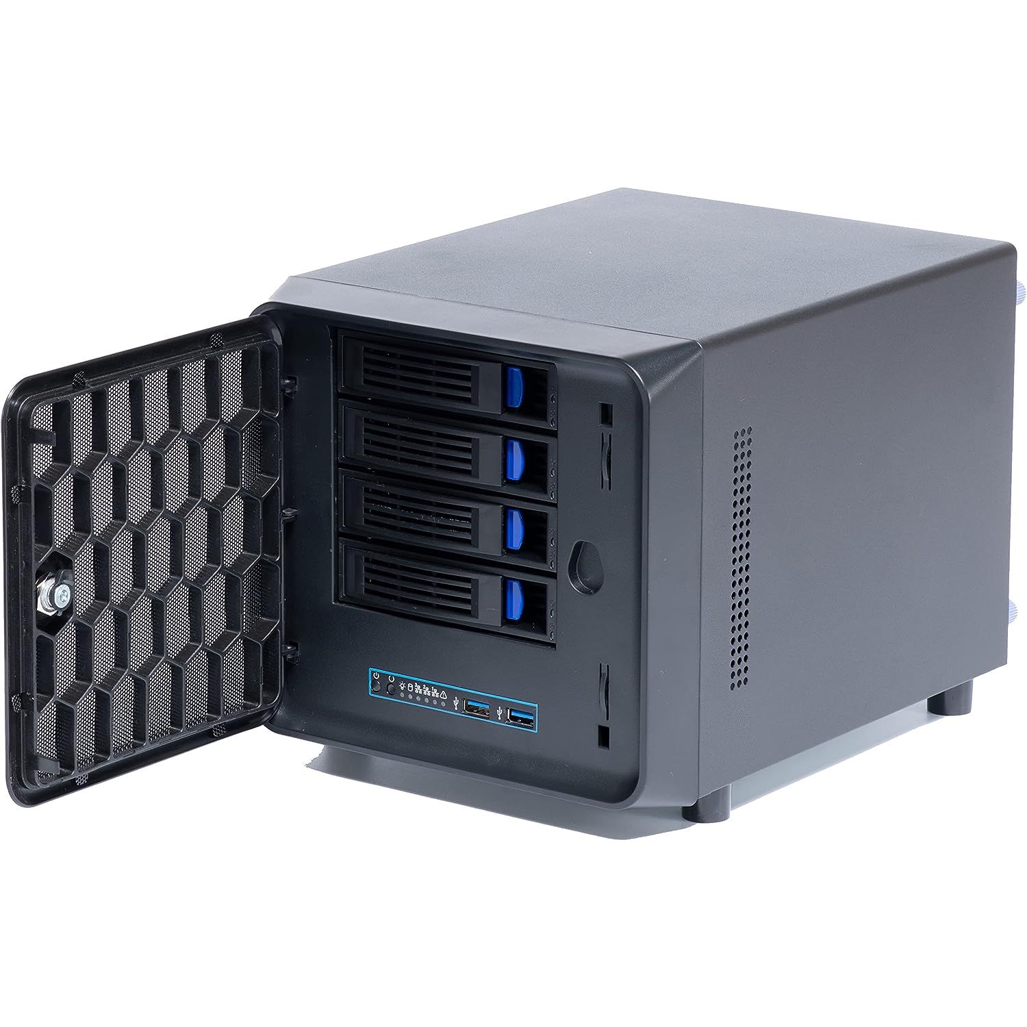 KCMconmey 4 + 1 Bay DIY NAS Case, opend front door and positioned at an angle