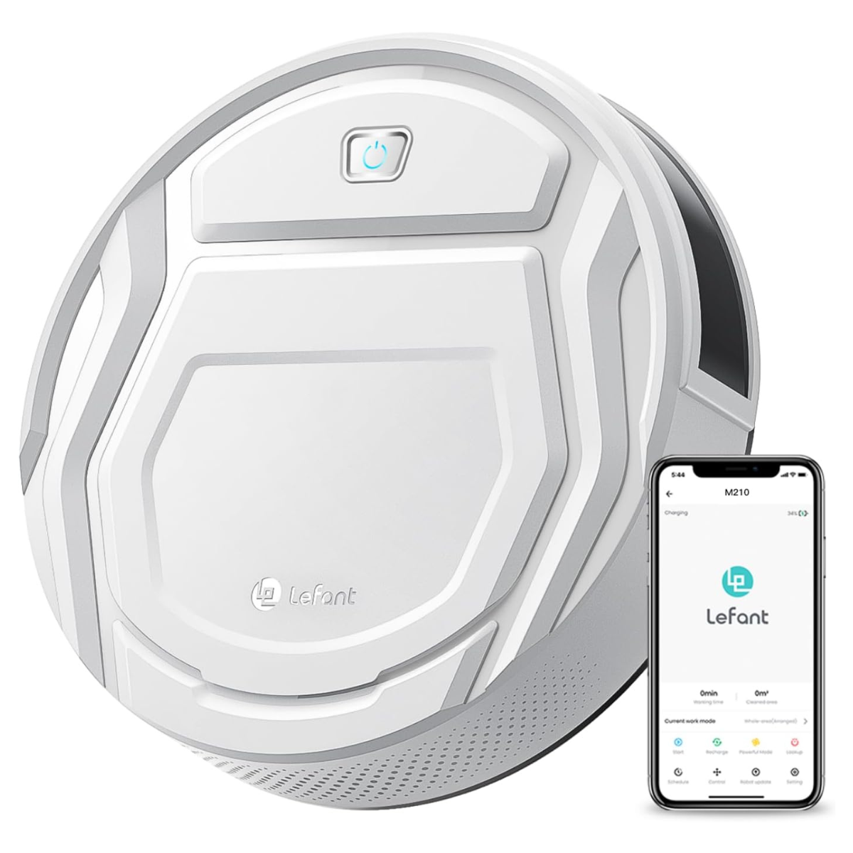 The Lefant M210 Robot Vacuum and smartphone, in white background