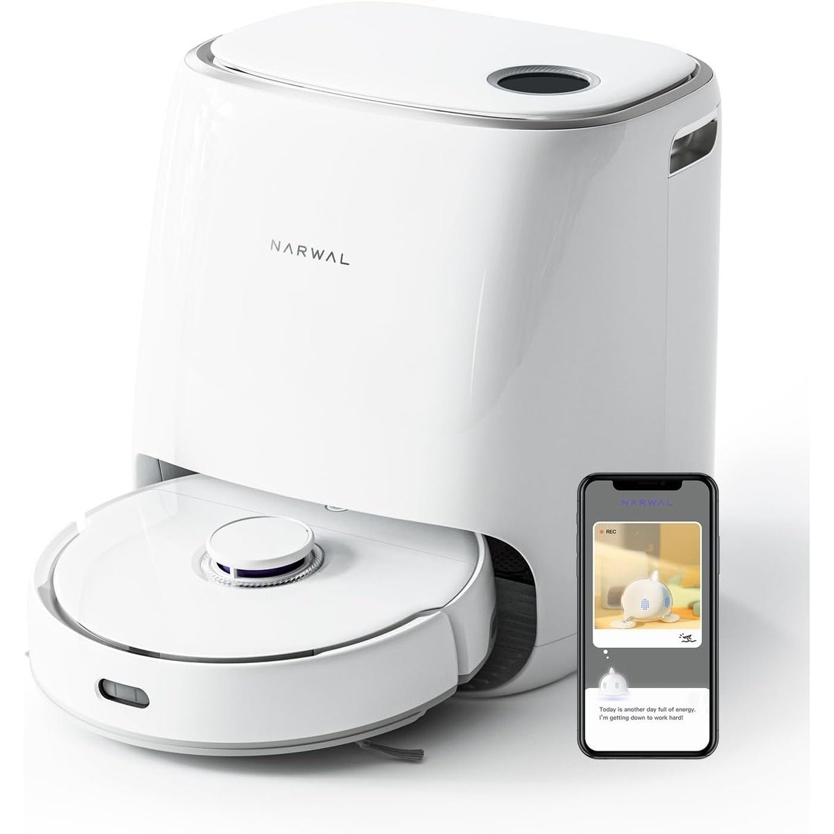 The Narwal Freo Robot Vacuum-Mop and smartphone against a white background