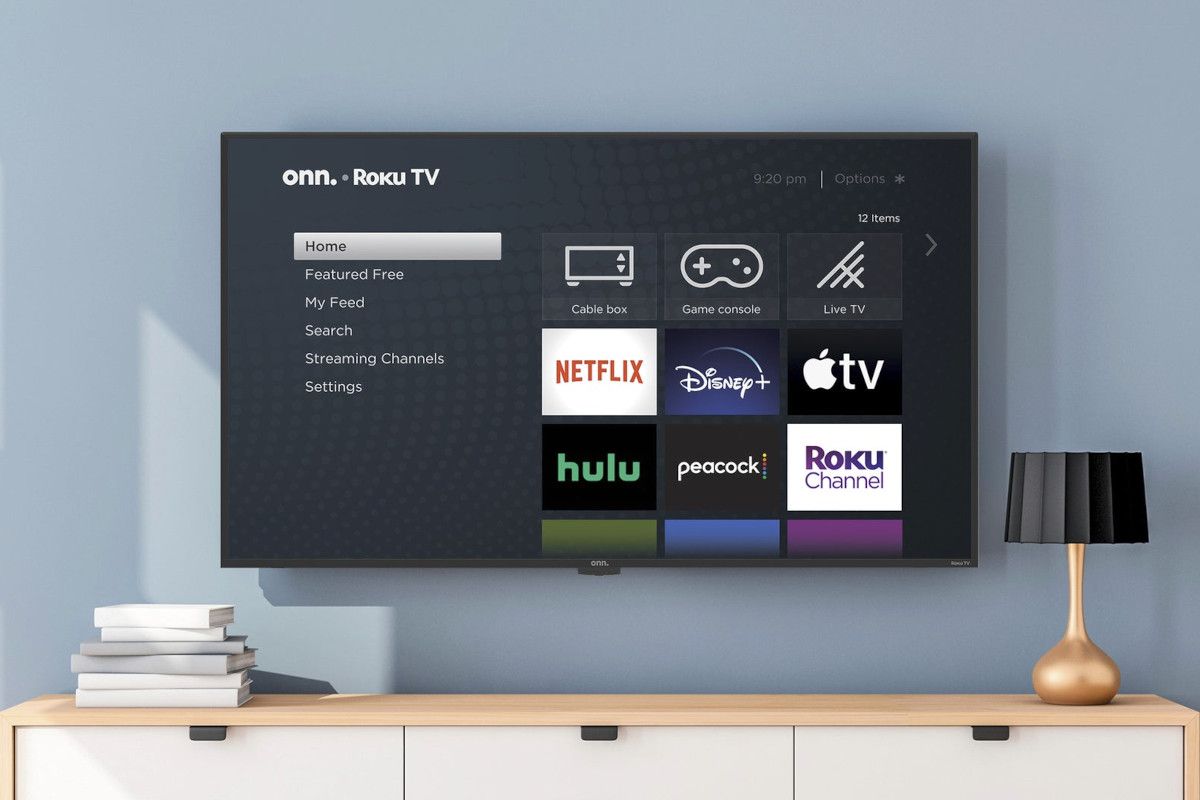 Onn 43-inch Roku TV showing the Roku home screen
