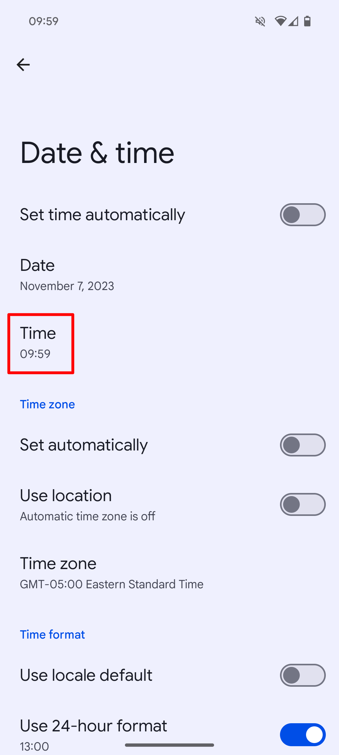 Select Time in the Date and time