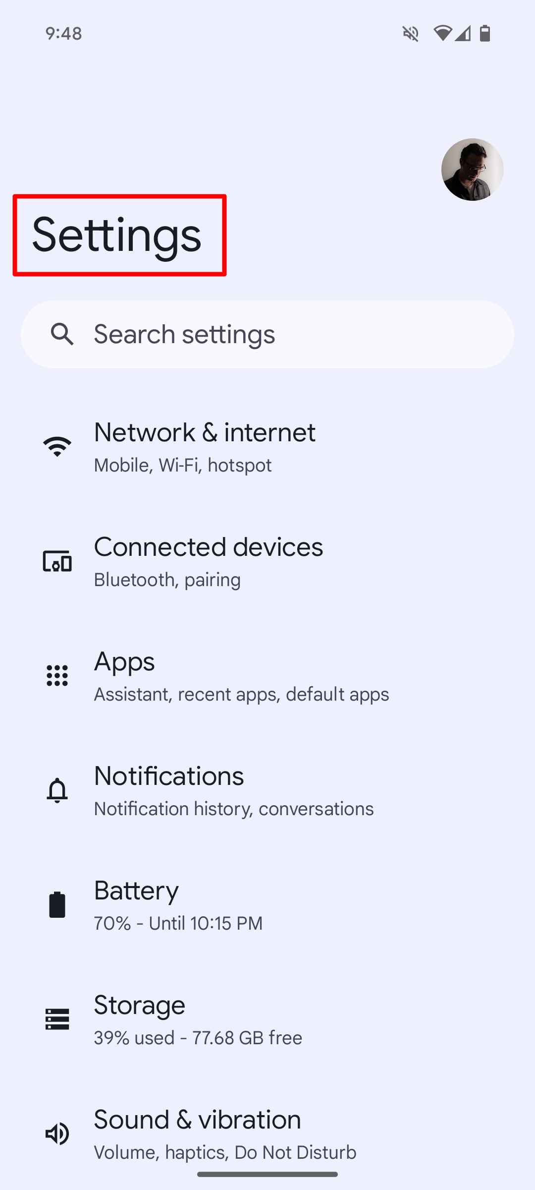 Settings on Google Pixel 8