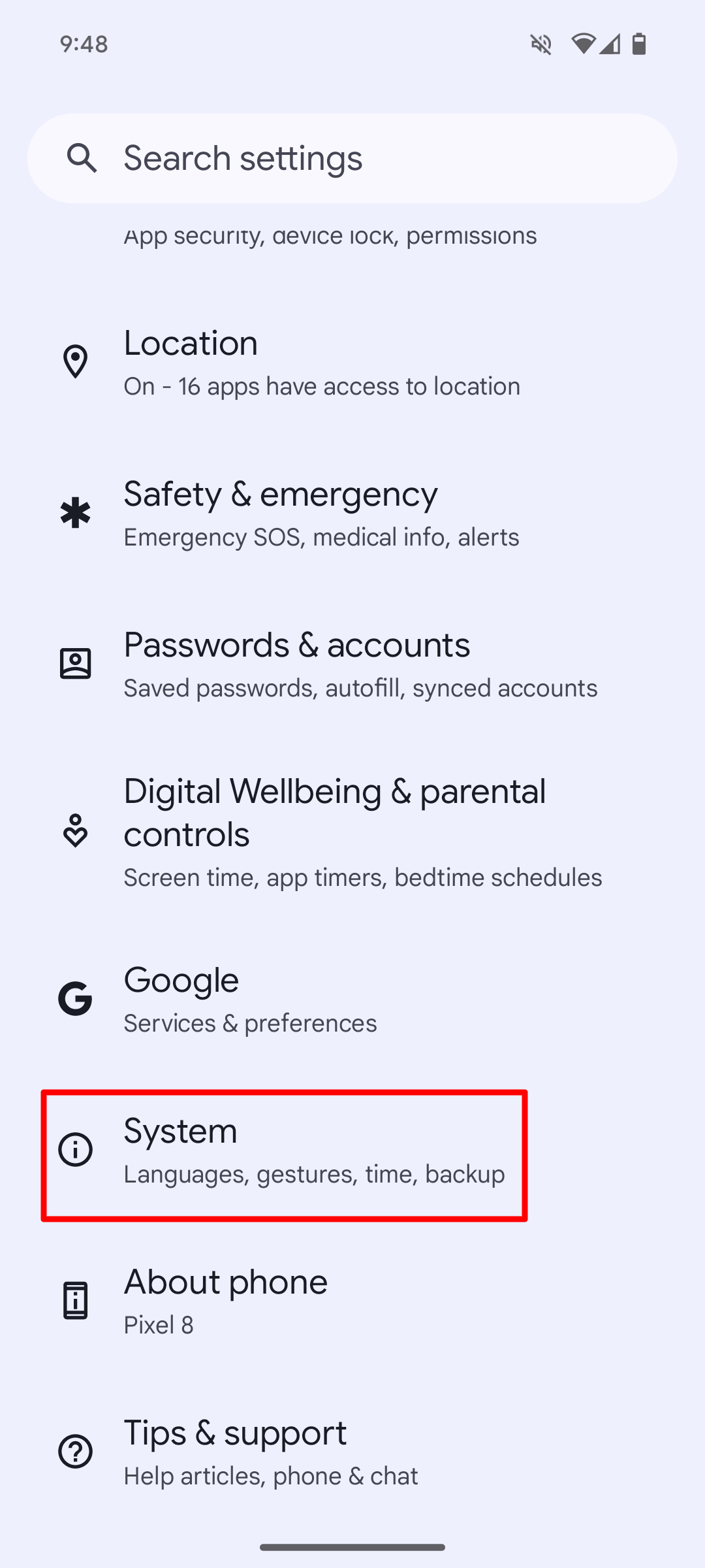 Select System from quick settings