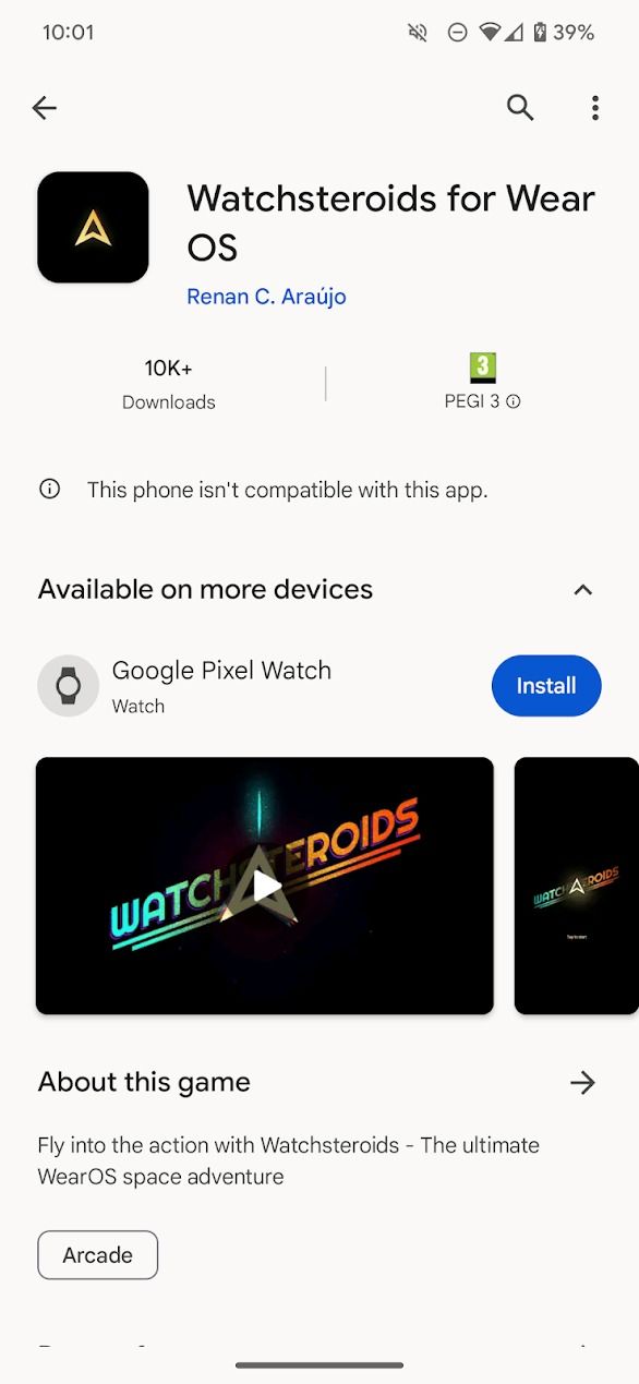 app listing on play store showing compatibility with pixel watch