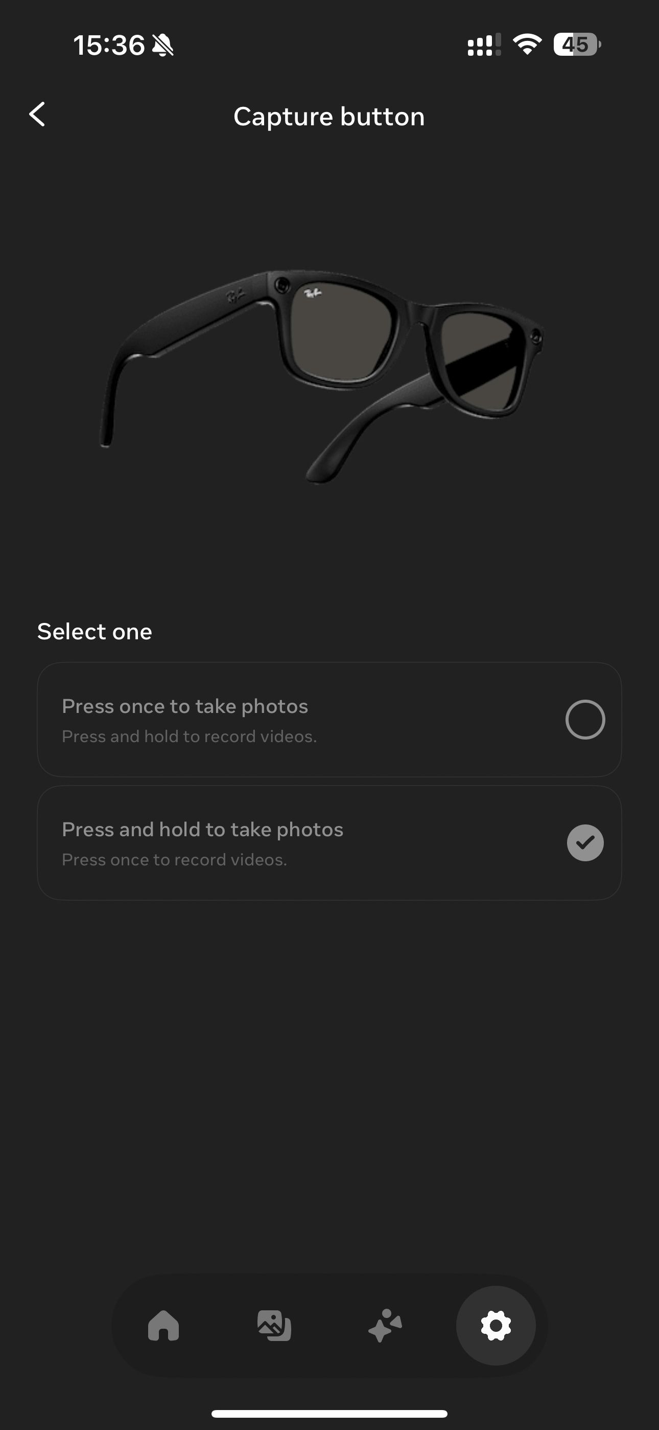 Capture button options inside the Ray-Ban Meta View app