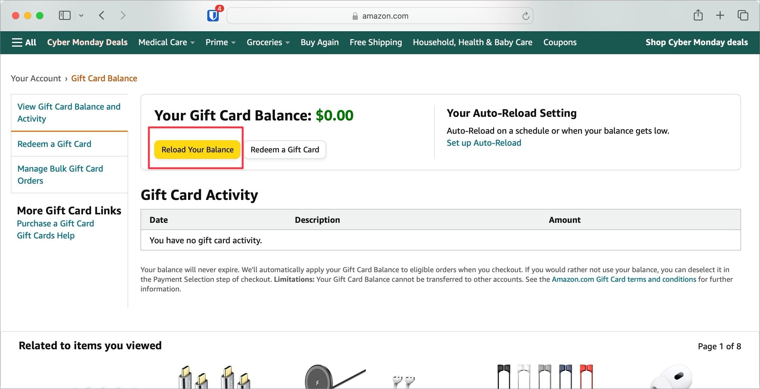 Amazon Gift Card Balance page showing Reload your balance button