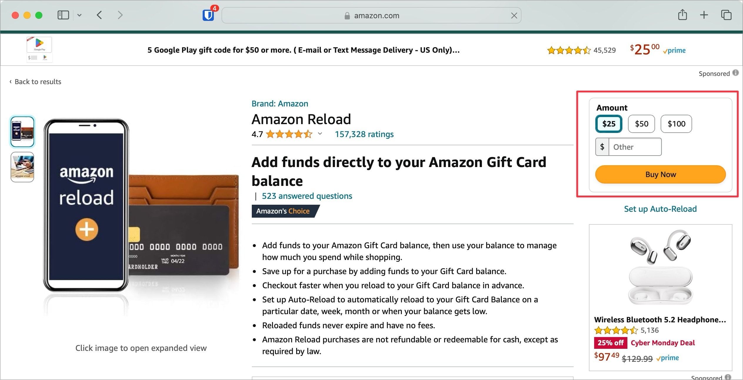Amazon gift card reload buying page screenshot