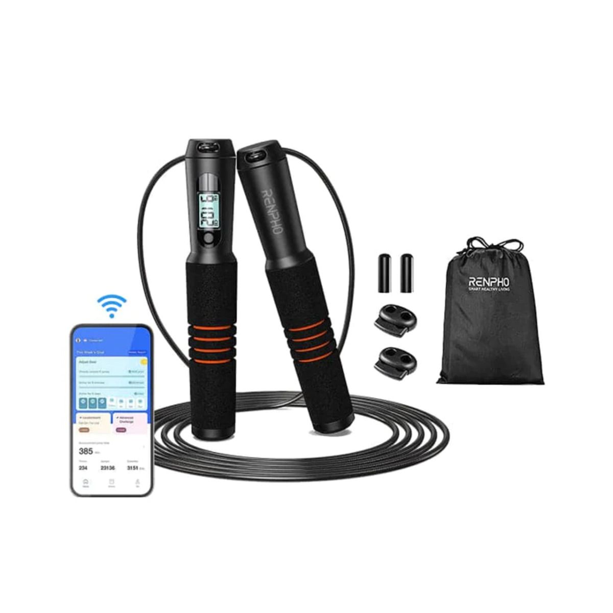 The Renpho Jump Rope, its accessories, and a smartphone against a white background