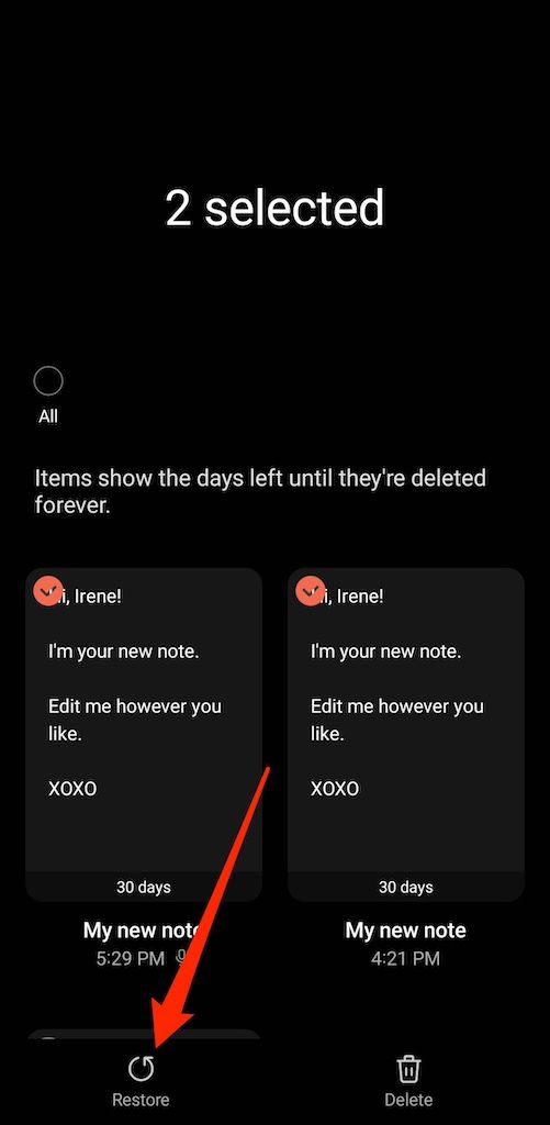 как восстановить удаленные заметки samsung notes