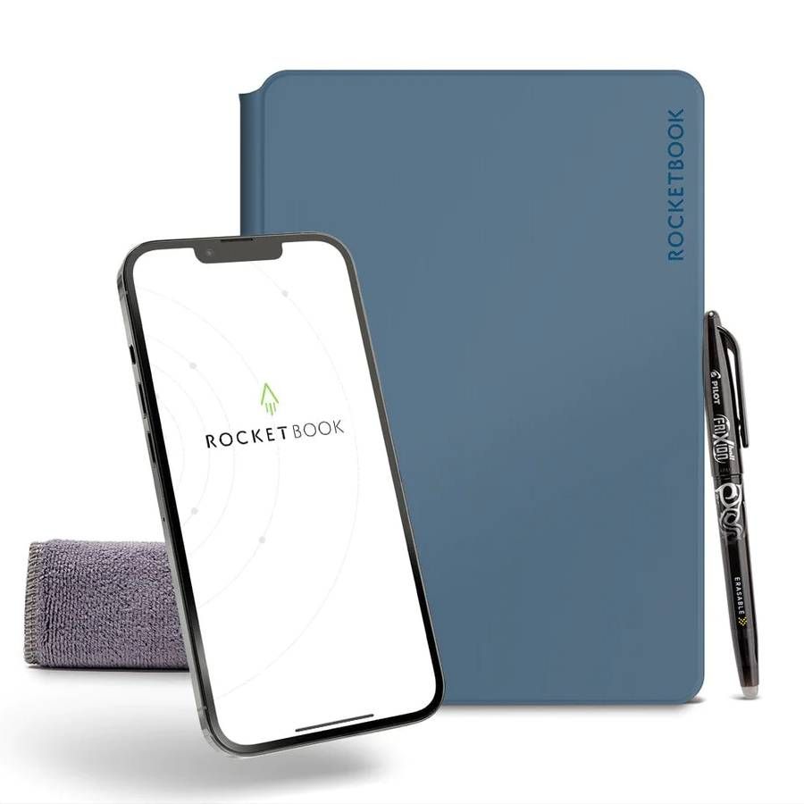 Rocketbook Pro Smart Notebook next to smartphone, in white background