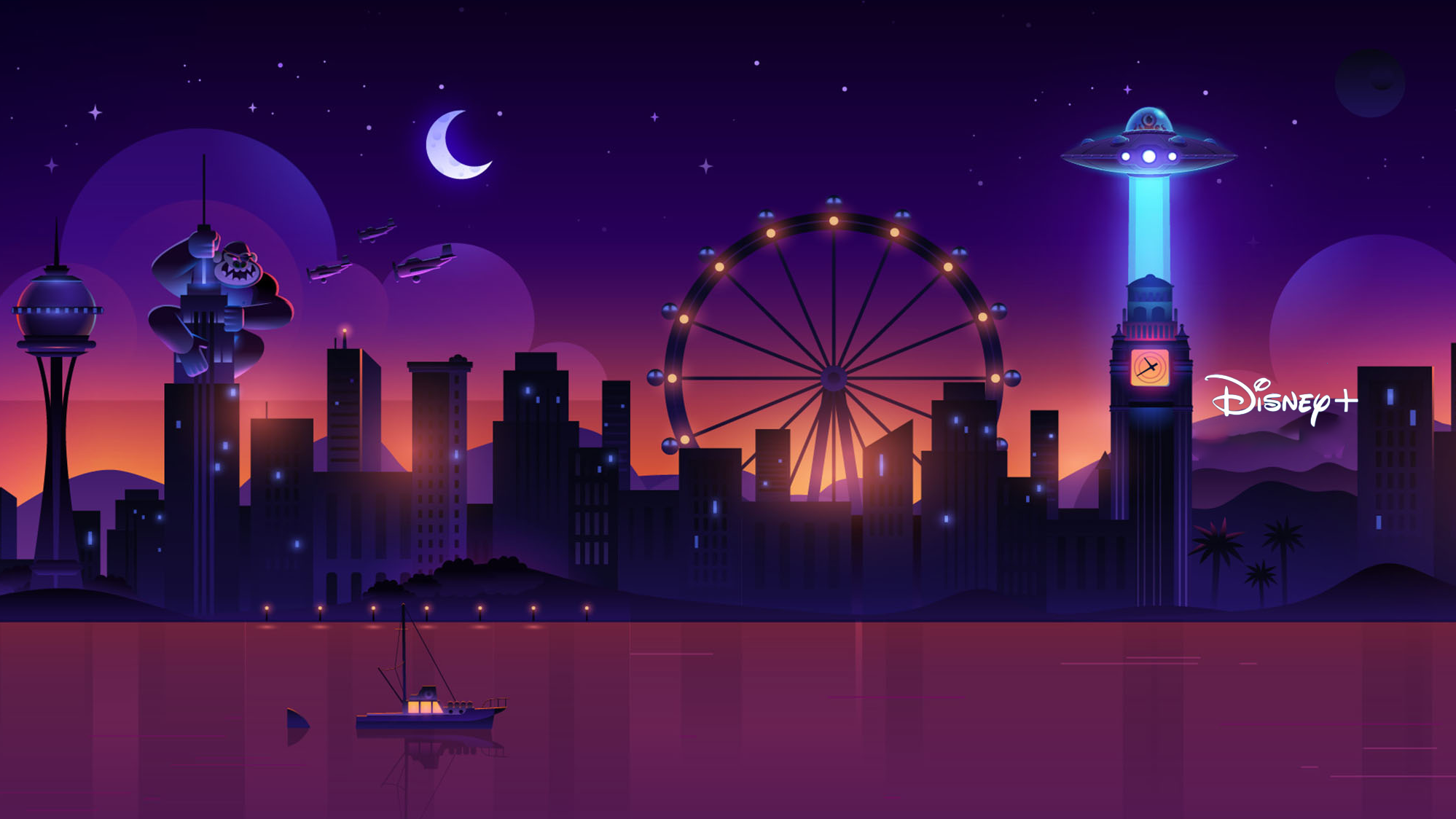 An illustration of a city with a large ferris wheel, clock tower, and mountain with Disney Plus logo