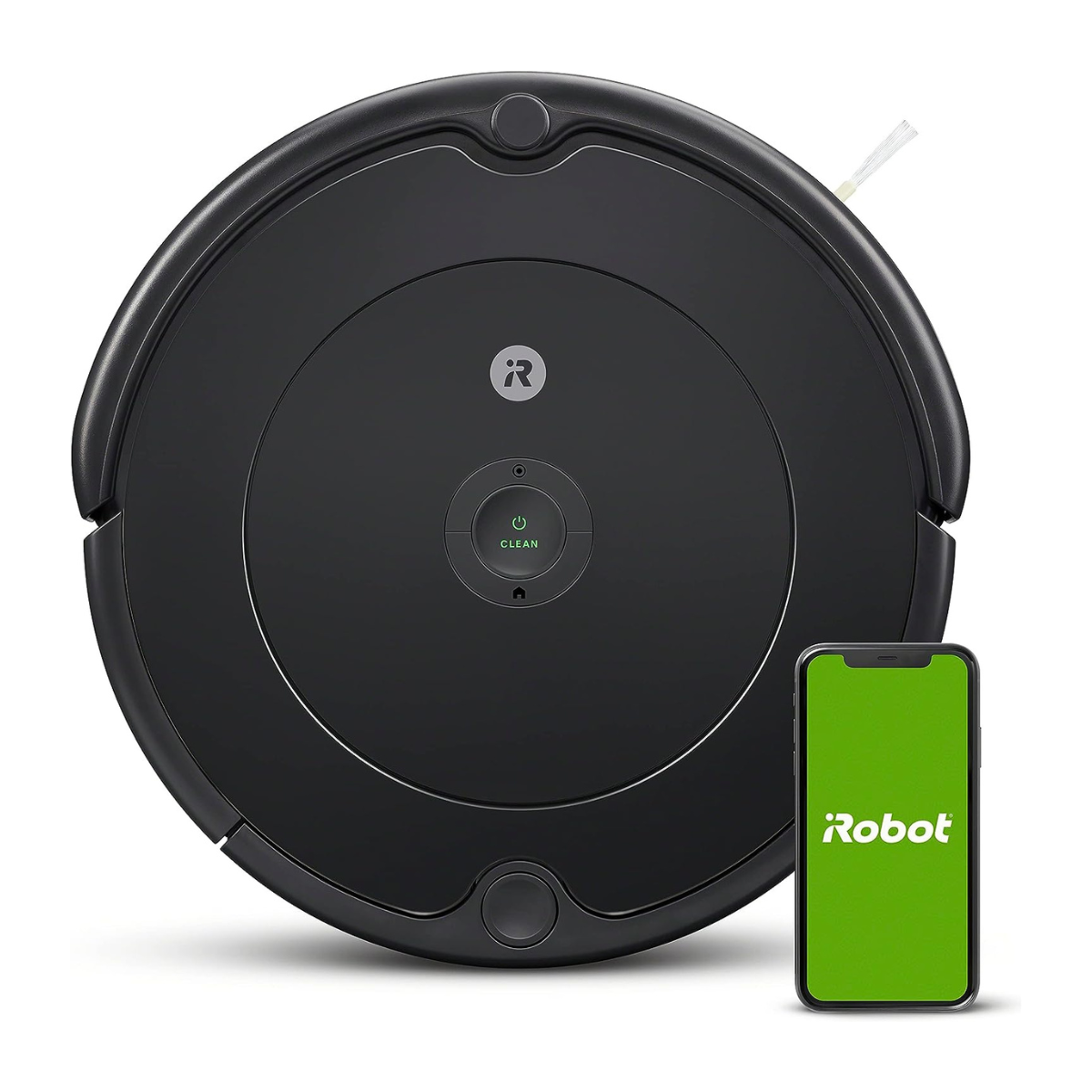 The iRobot Roomba 694 Robot Vacuum with phone standing next to it