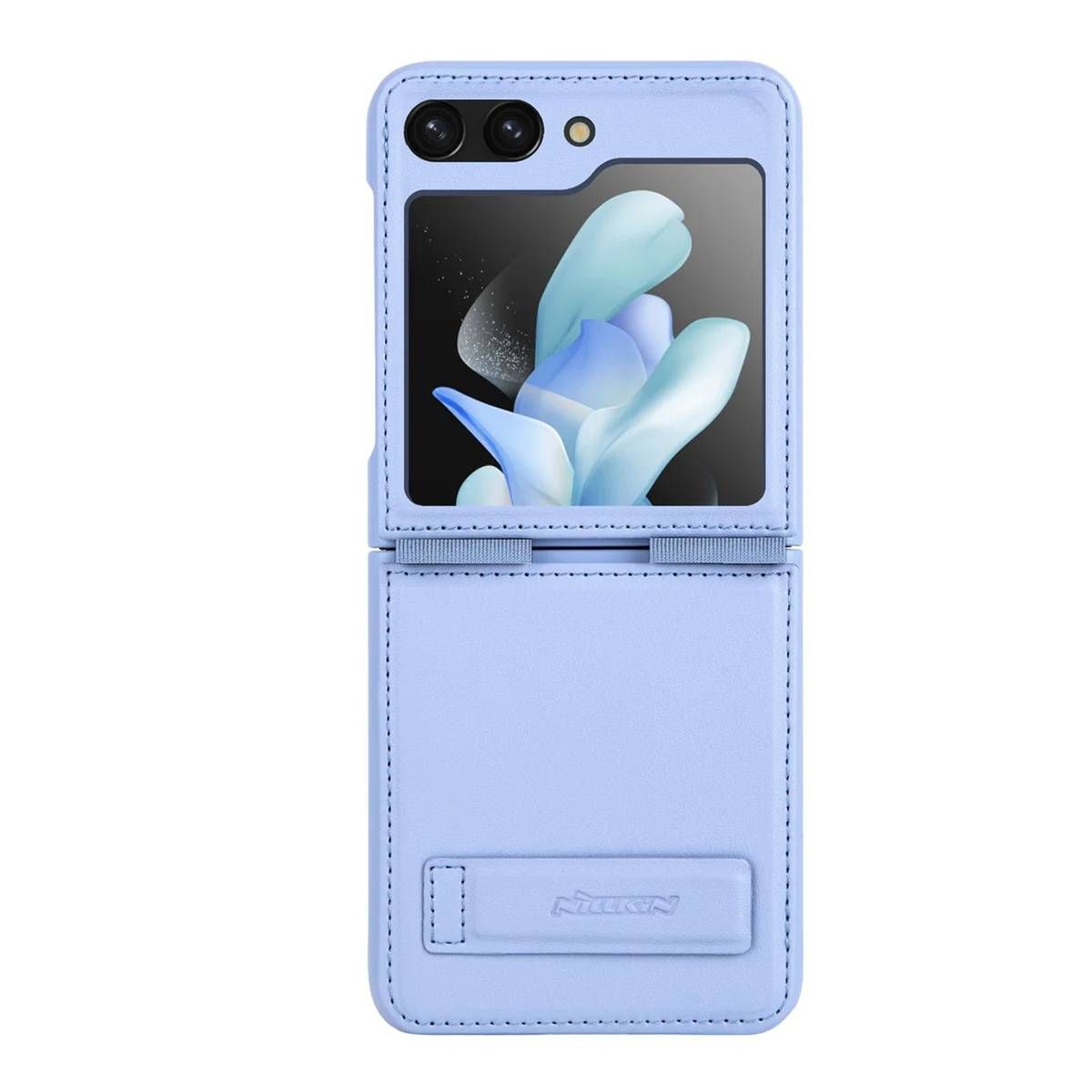 A pastel blue leather case covering the back of the Z Flip 5