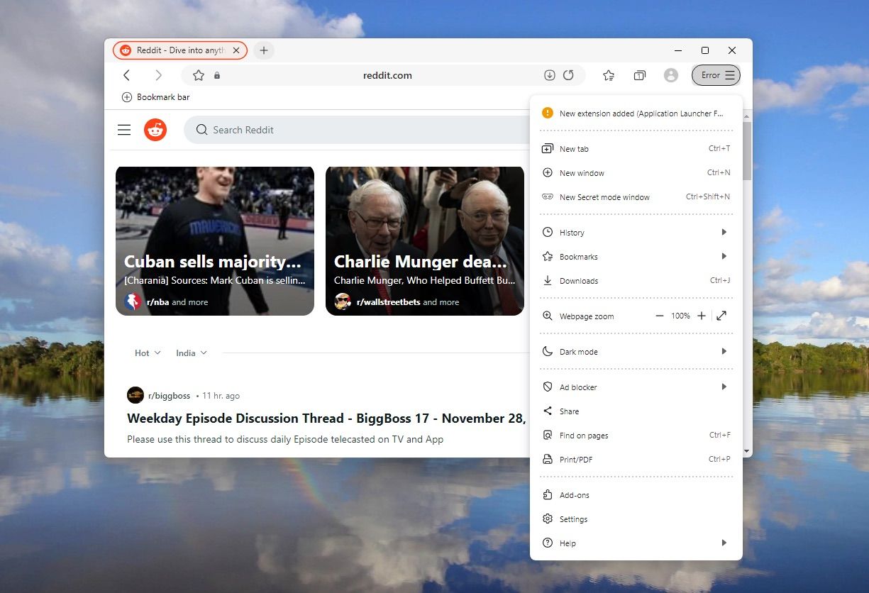 Samsung Internet for Windows - Settings menu