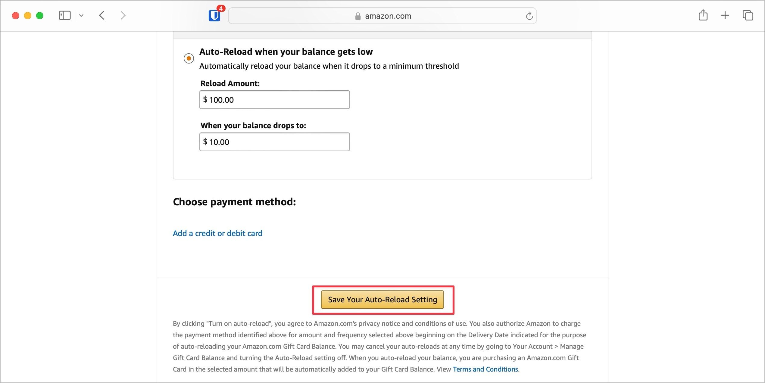 Amazon auto-reload page screenshot showing save your auto reload setting button