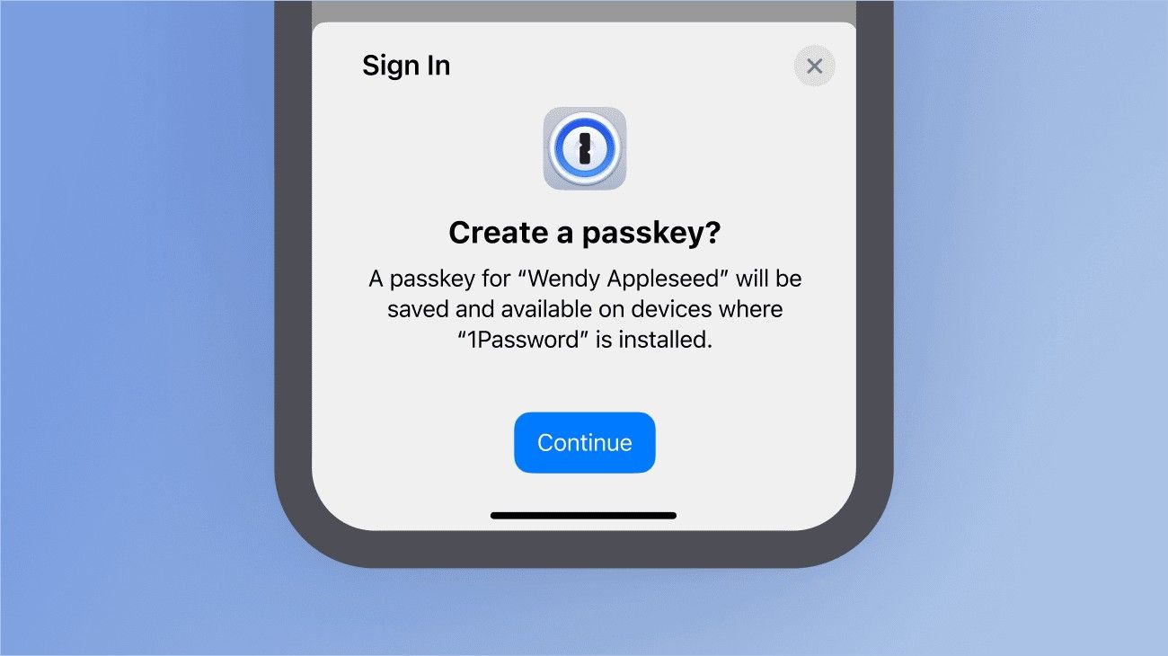 1Password save passkey prompt on an iPhone 