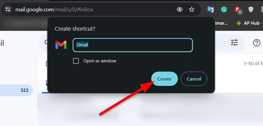 A screenshot showing the option to create a Gmail desktop shortcut using the Google Chrome web browser.