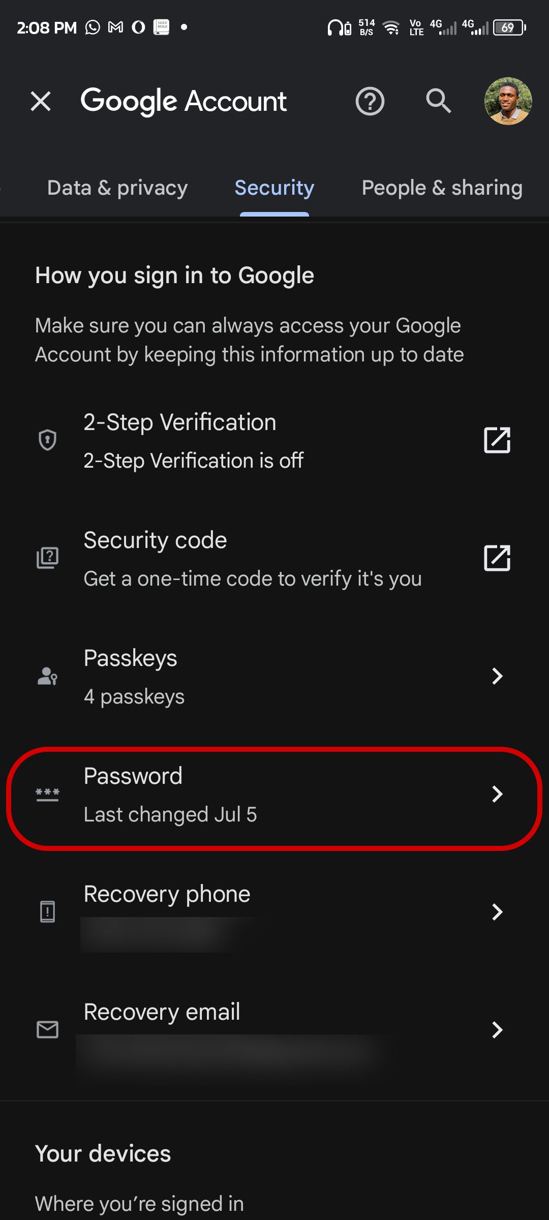 Changing Google account password on Android