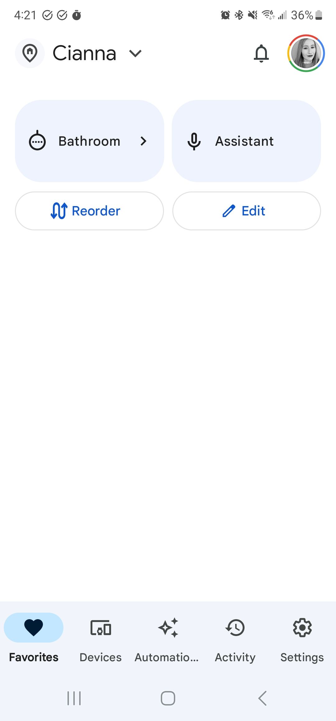 A screenshot of the Google Home app's home page.