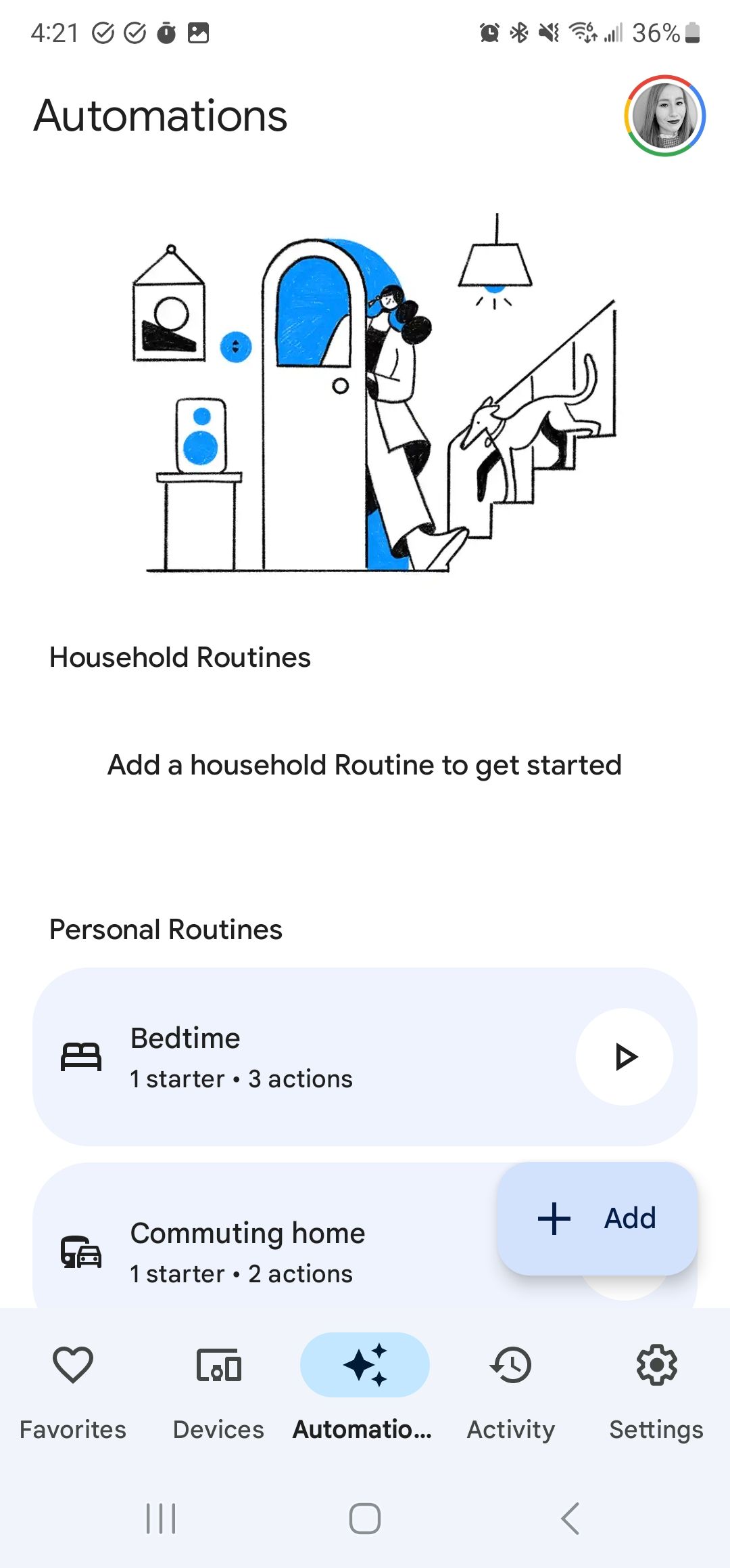 A screenshot of the Google Home app's Automations page, which lists routines.