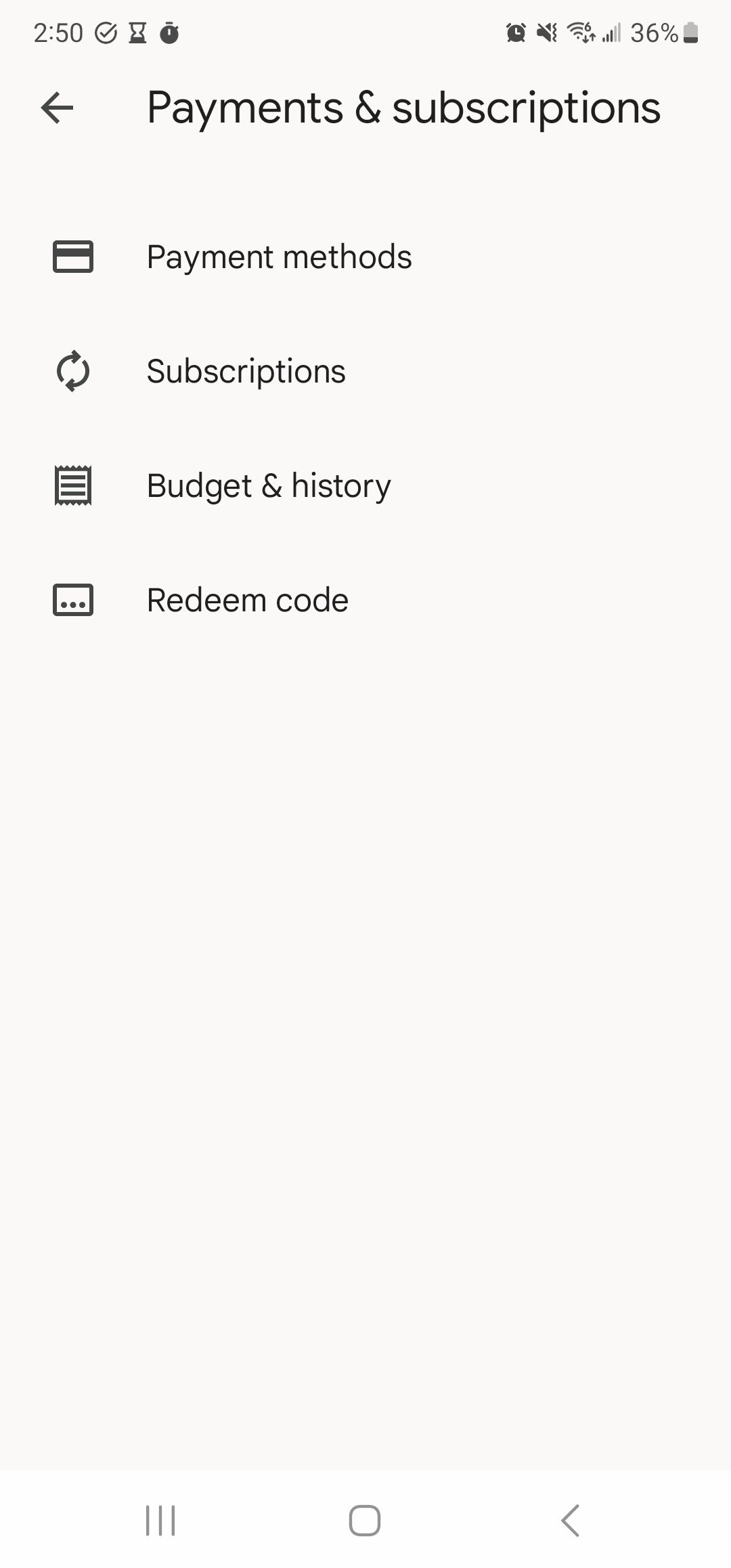 A screenshot of the Google Play Store app's "Payments and Subscriptions" page.