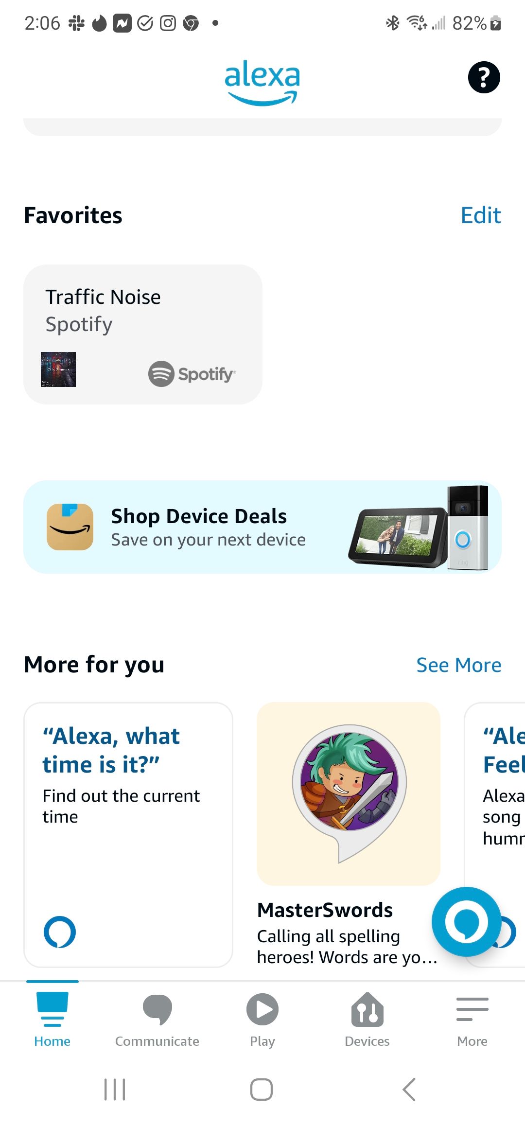 The Amazon Alexa app's home page.