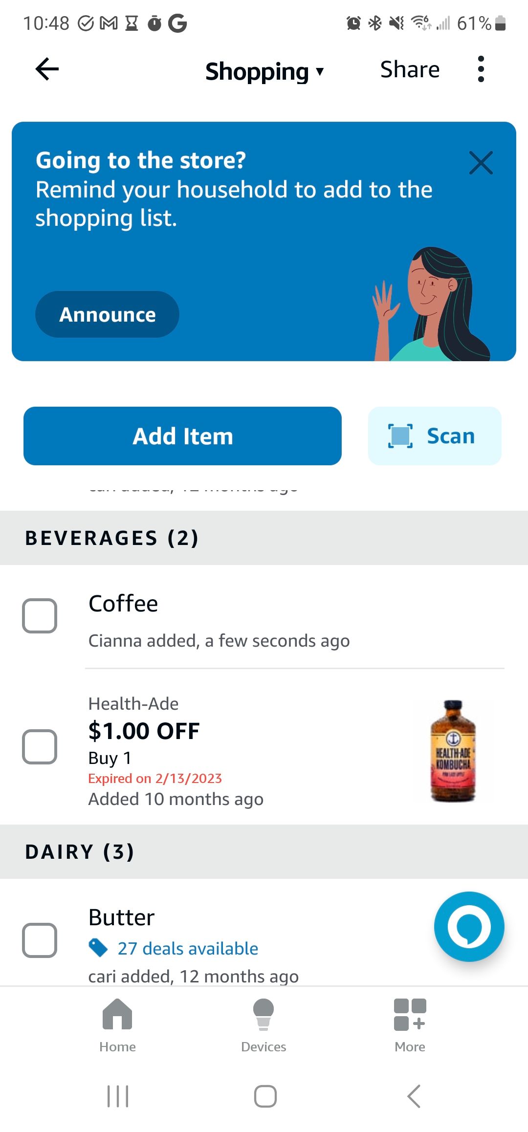 A screenshot of someone's Amazon Alexa app shopping list.