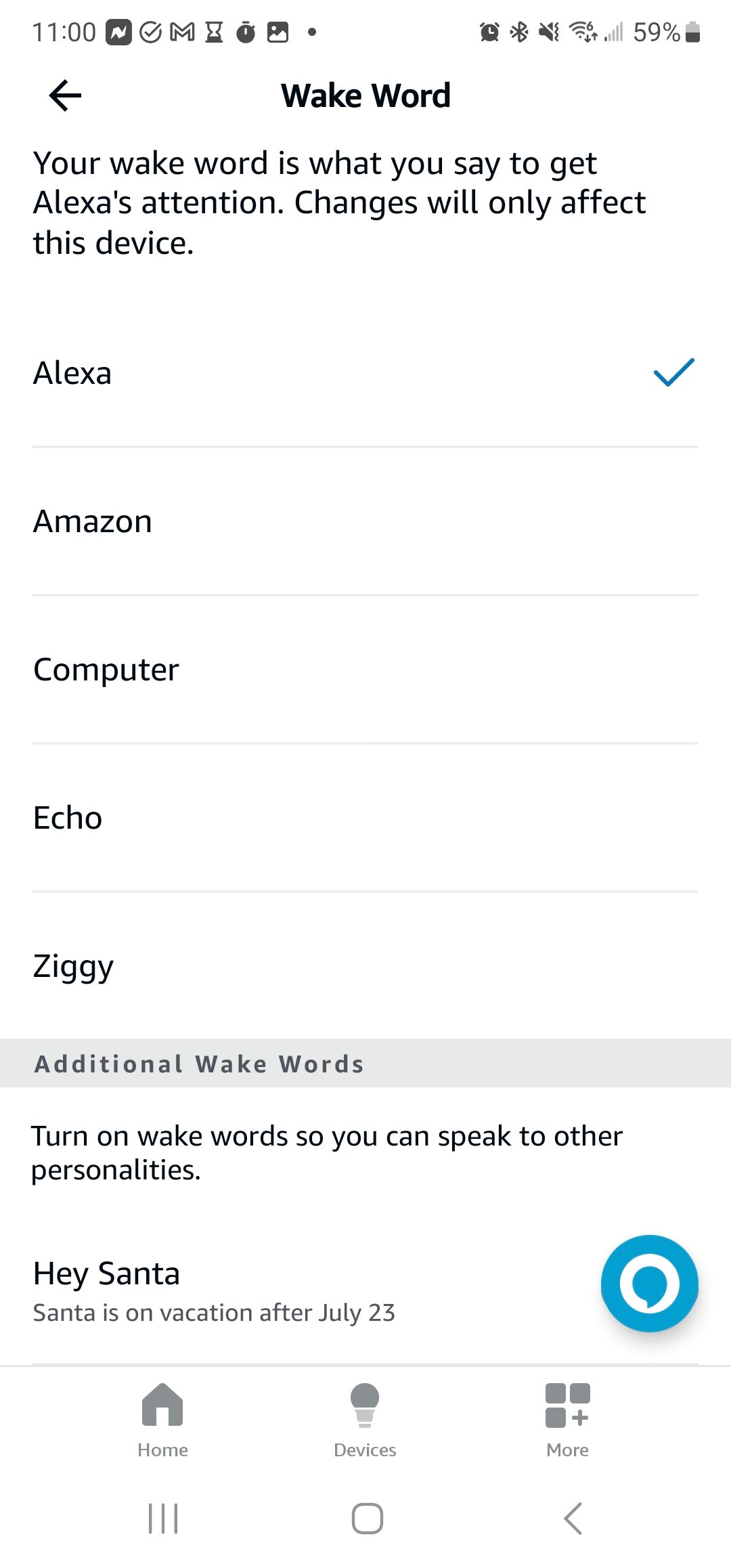 The change wake word page on the Amazon Alexa app under Echo device settings.