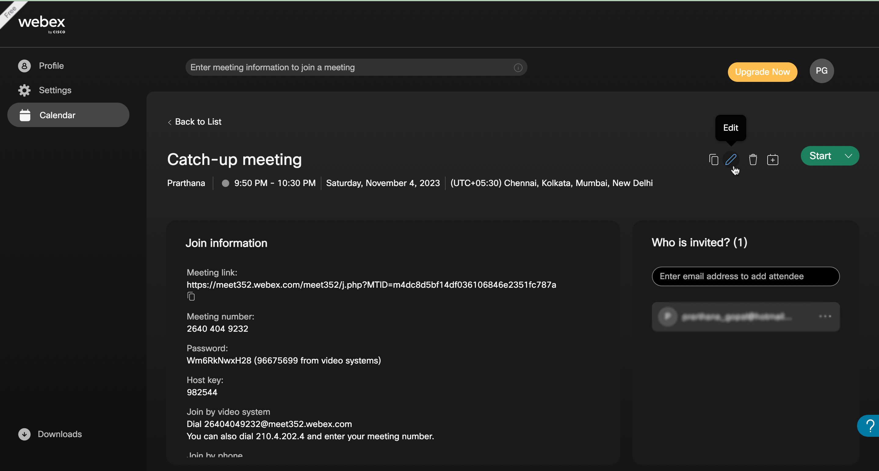 Select the Edit icon to reschedule the meeting