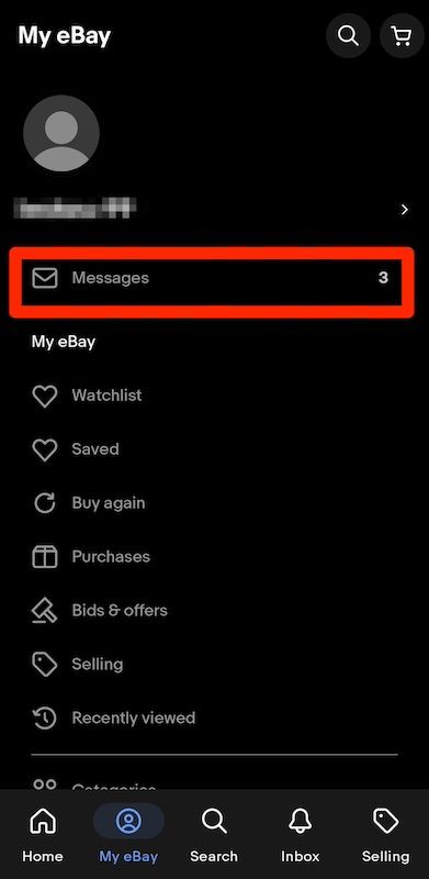 Selecionando a opção Mensagens no menu Meu eBay