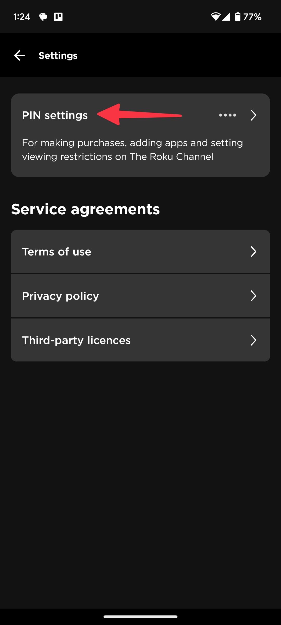 PIN settings on Roku mobile