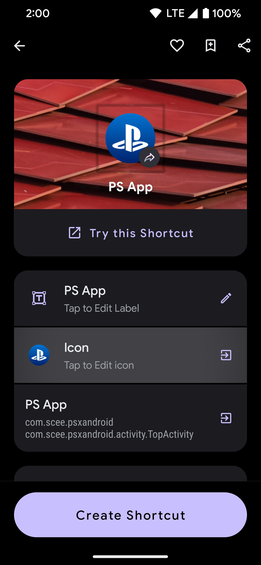 Tapping the Icon section for the PS App to start editing its icon theme in the Shortcut Maker Android app