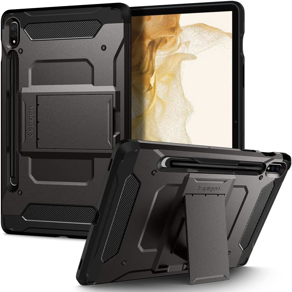 Spigen Tough Armor Pro for Galaxy Tab S8 shown on tablet in various orientations