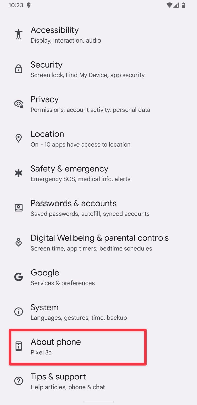 Android settings screenshot showing About phone option