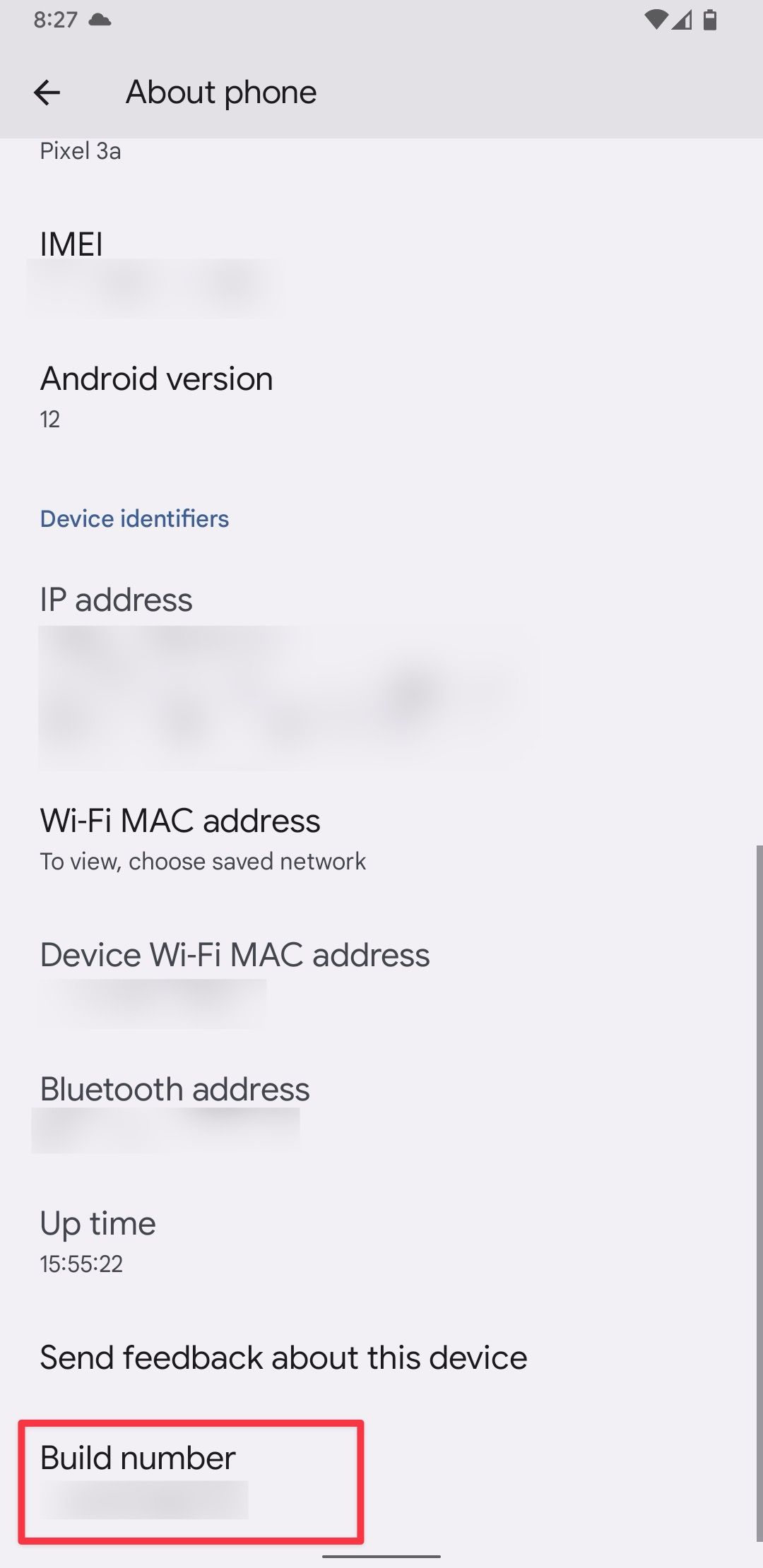 Android settings screenshot showing Build Number