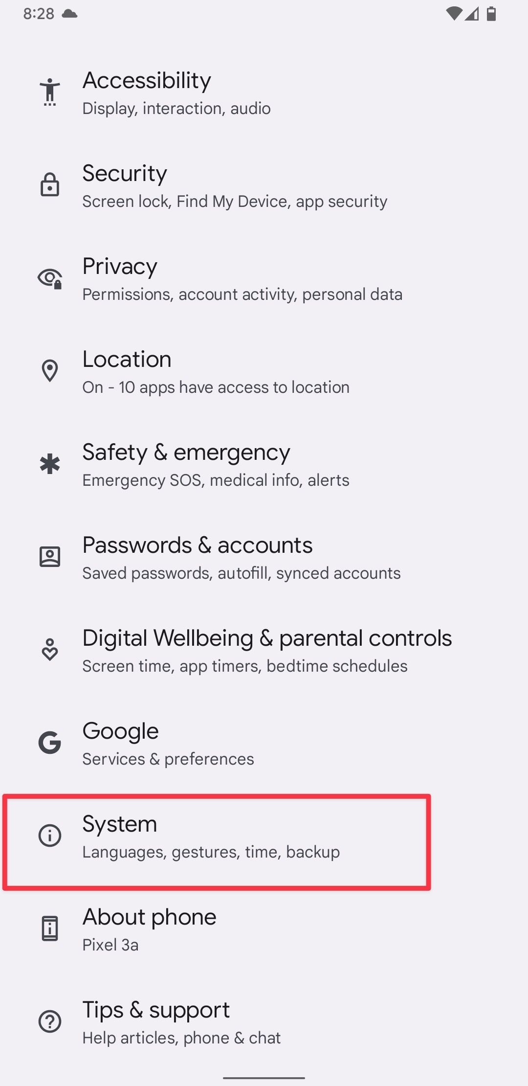 Android settings screenshot showing System setting option