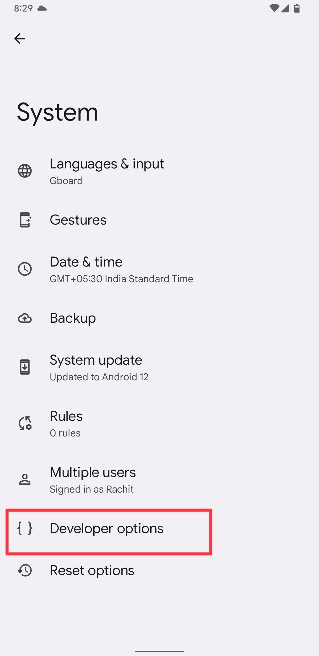 Android settings screenshot showing Developer options