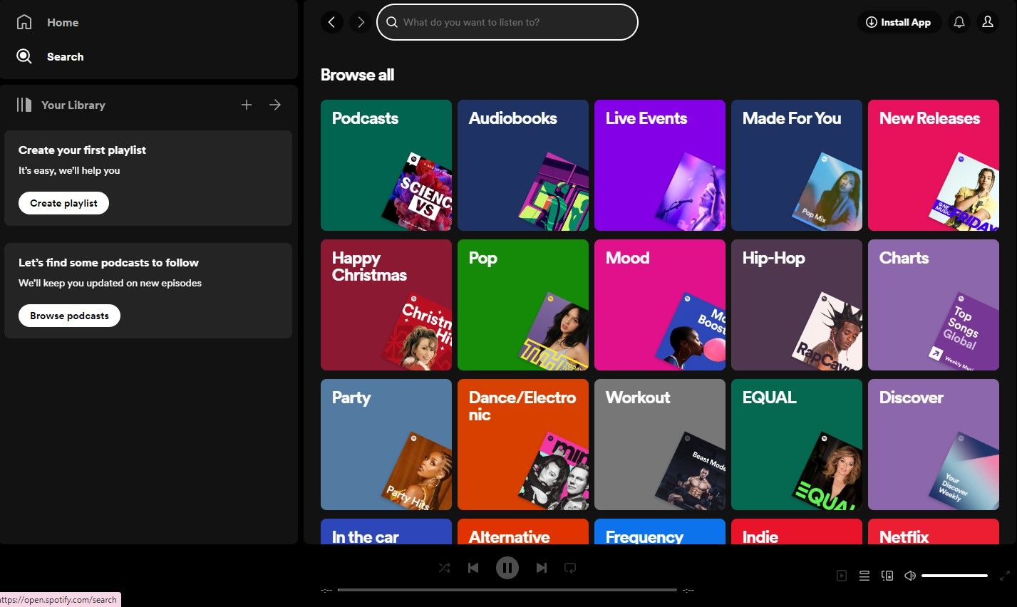 The Spotify web player showing the browsing options.