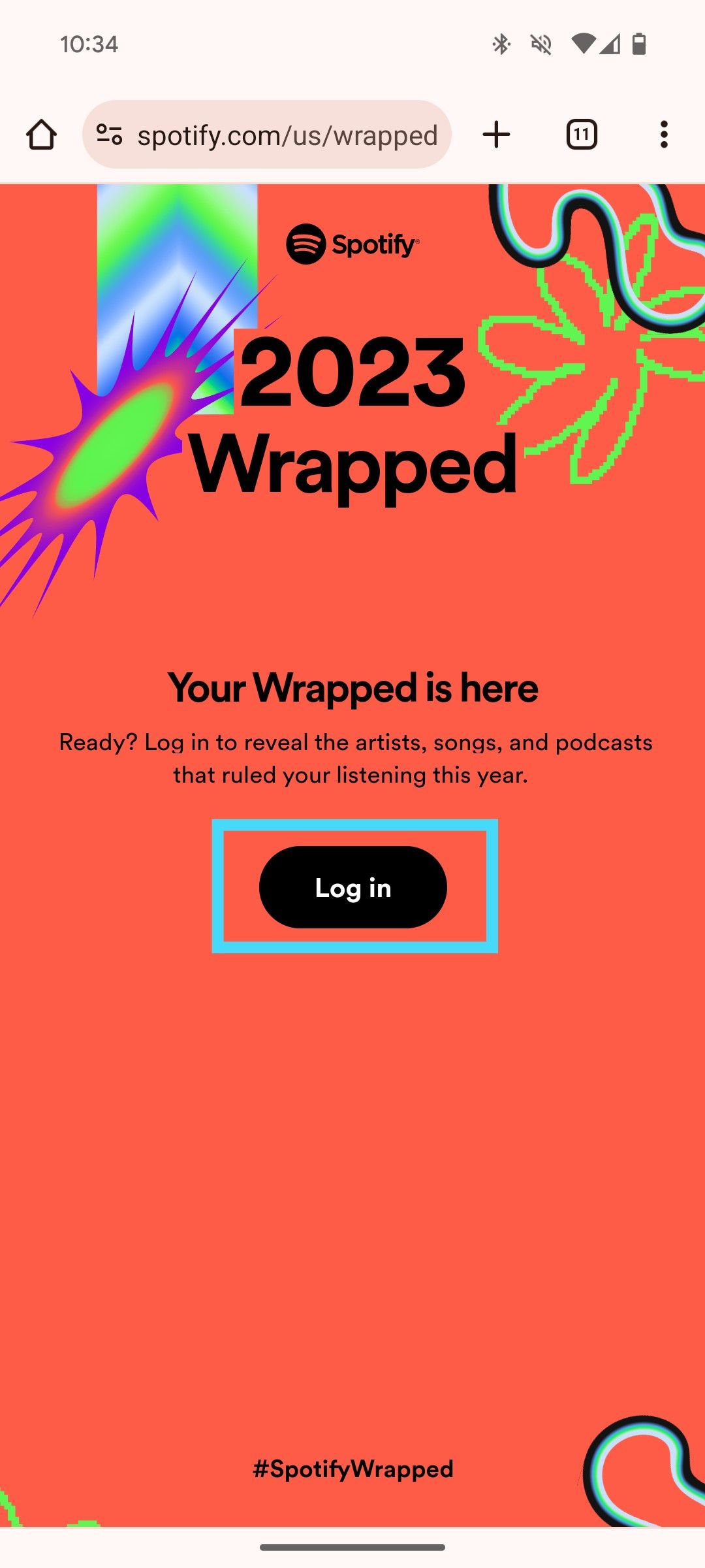 Spotify's 2023 Wrapped web interface with 'Log in' highlighted