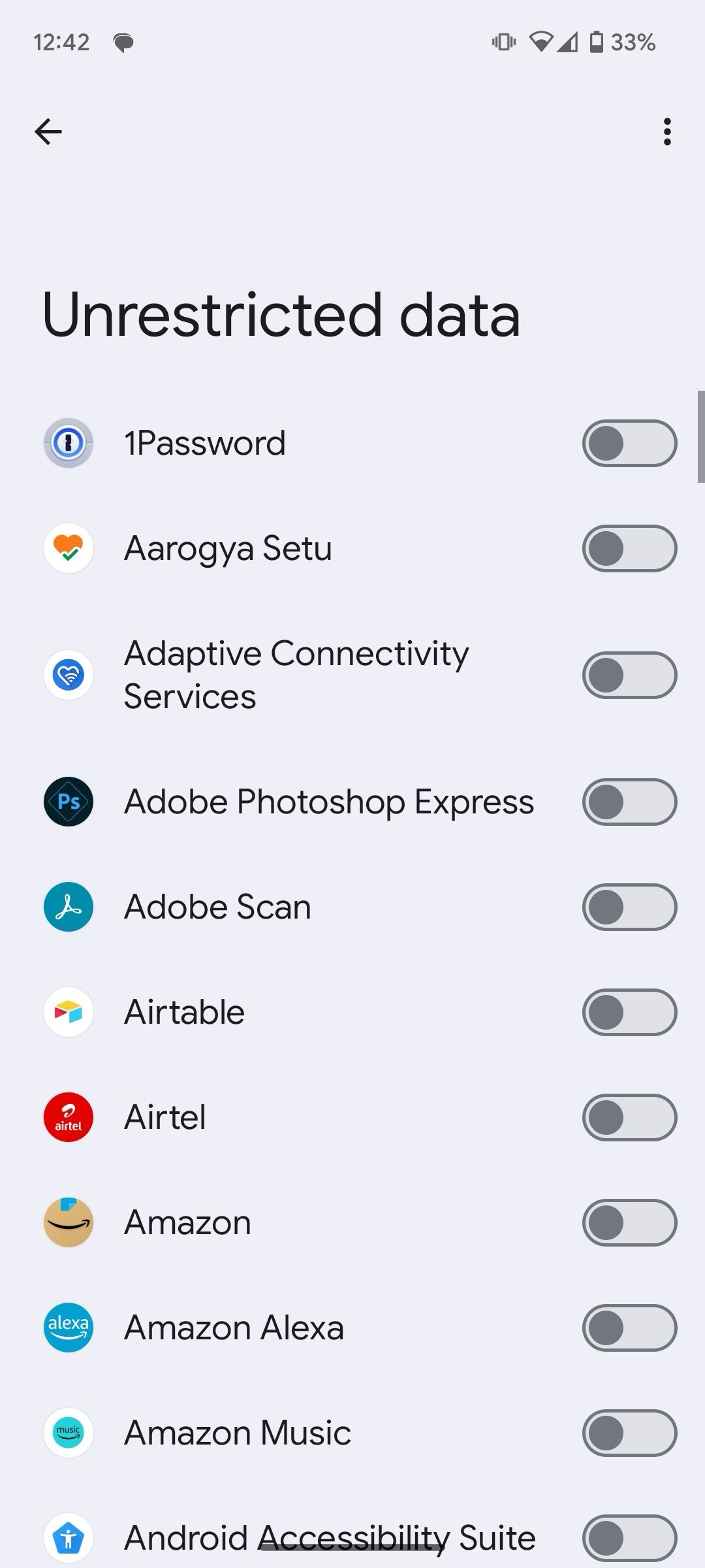 a list of apps with unrestricted data toggles on Android