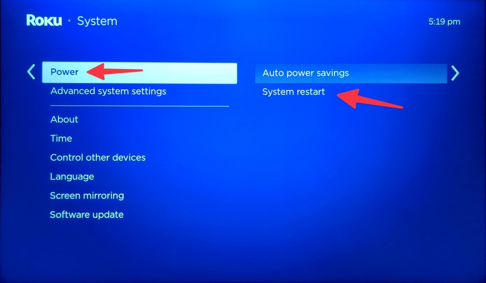 System restart in Roku Settings